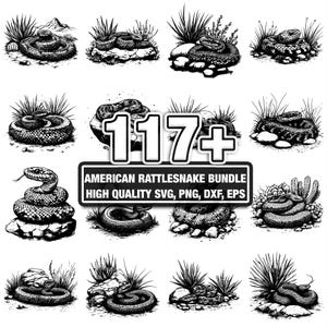 Op de afbeelding: Een verzameling zwart-wit illustraties van Amerikaanse ratelslangen in verschillende poses, sommige opgerold op rotsen en tussen woestijnplanten. De afbeelding bevat de tekst "117+" en "AMERICAN RATTLESNAKE BUNDLE HIGH QUALITY SVG, PNG, DXF, EPS."