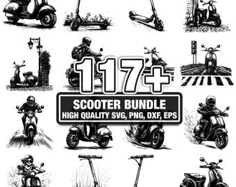 Paquete de más de 117 archivos SVG para scooters, descarga digital instantánea en formato PNG, DXF, EPS y SVG, archivos de corte para Cricut y Silhouette, uso comercial y clipart digital.