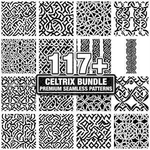 May include: A collection of black and white Celtic knot patterns. The image features a variety of seamless designs, with the text "117+ CELTRIX BUNDLE PREMIUM SEAMLESS PATTERNS" displayed prominently. These patterns are suitable for various design projects.