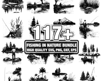 Paquete de más de 117 imágenes SVG de pesca en la naturaleza, descarga digital instantánea en formato PNG, DXF, EPS y SVG, archivos de corte para Cricut y Silhouette, uso comercial y clipart digital.