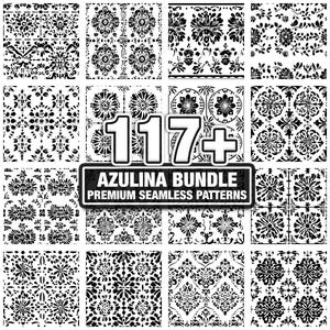 May include: A collection of 16 black and white seamless patterns with floral and geometric designs. The image includes a banner that reads "117+ AZULINA BUNDLE PREMIUM SEAMLESS PATTERNS". The patterns are suitable for various design projects.