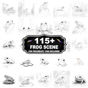 Peut inclure: Une collection d'illustrations de grenouilles en noir et blanc dans diverses poses, dans un environnement naturel. L'image comprend le texte "115+ FROG SCENE FOR PROCREATE / PNG INCLUDED!"
