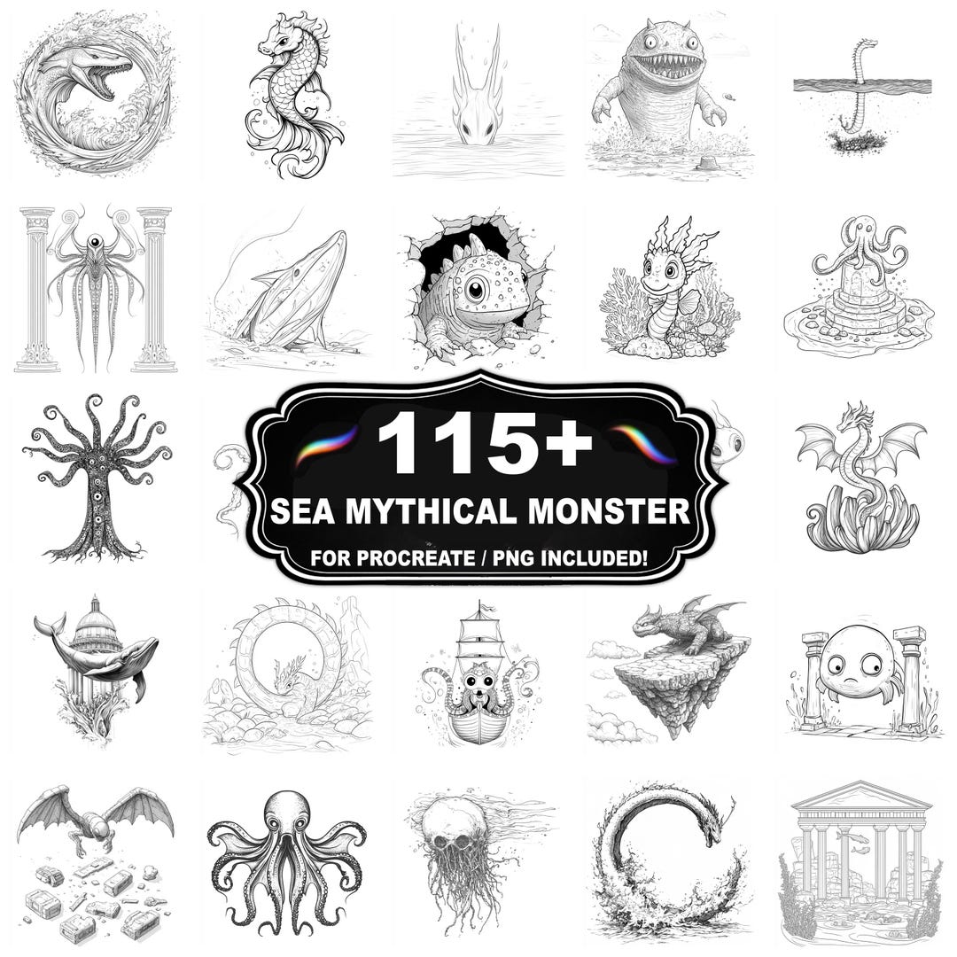 115+ Sea Monster Procreate Stamps, Monster Png Bundle, Instant Download ...