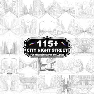 May include: A collection of 15+ black and white city street illustrations. The images feature various perspectives of cityscapes, including buildings, roads, and architectural details. The text "115+ CITY NIGHT STREET" is displayed on a black label.