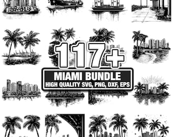 Paquete de más de 117 archivos SVG de Miami, descarga digital instantánea en formato PNG, DXF, EPS y SVG, archivos de corte para Cricut y Silhouette, uso comercial y clipart digital.