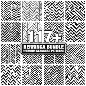 Puede incluir: Una colección de patrones de espiga en blanco y negro. La imagen presenta varios diseños geométricos, incluyendo zigzags y líneas anguladas. El texto dice "117+ HERRINGA BUNDLE PREMIUM SEAMLESS PATTERNS".