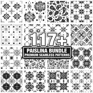 May include: A selection of black and white seamless patterns. The image showcases diverse designs, including floral, paisley, and geometric motifs. The text "117+" and "PAISLINA BUNDLE PREMIUM SEAMLESS PATTERNS" are also visible.