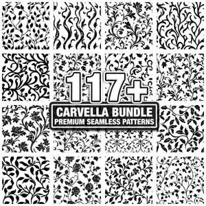May include: A collection of 16 black and white seamless patterns with floral and botanical designs. The image includes a banner that reads "117+ CARVELLA BUNDLE PREMIUM SEAMLESS PATTERNS". The patterns feature leaves, vines, and flowers.