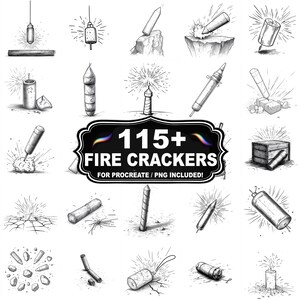 May include: A collection of 115+ firecracker illustrations in black and white. The image includes various types of firecrackers, including rockets, sparklers, and exploding devices. The text on the image reads "115+ FIRE CRACKERS FOR PROCREATE / PNG INCLUDED!"