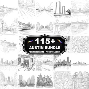 May include: Black and white line art illustrations of Austin, Texas, including cityscapes, bridges, and streets. The image features a central graphic that reads "115+ AUSTIN BUNDLE" with the text "FOR PROCREATE / PNG INCLUDED!"
