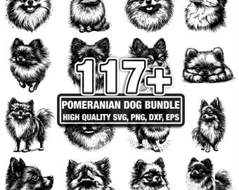 Pacote com mais de 115 desenhos de cães da raça Pomerânia, disponíveis para download instantâneo nos formatos PNG, DXF, EPS e SVG.