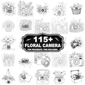 Può includere: Disegni a tratto in bianco e nero di macchine fotografiche circondate da fiori. L'immagine include il testo "115+ Floral Camera" e "For Procreate / PNG Included!"