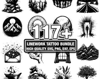115+ Linework Tattoo Bundle, Minimal Designs, Instant Download png, dxf, eps, svg