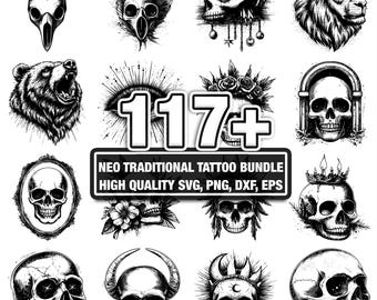 115+ Neo Traditional Tattoo Bundle, Bold Designs, Instant Download png, dxf, eps, svg