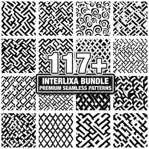 Puede incluir: Una colección de patrones sin costuras en blanco y negro. La imagen presenta una variedad de diseños geométricos y abstractos, incluyendo laberintos, espirales y patrones lineales. Se muestra el texto "117+ INTERLIXA BUNDLE PREMIUM SEAMLESS PATTERNS".