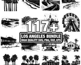 Paquete de más de 117 imágenes SVG de Los Ángeles, descarga digital instantánea en formatos PNG, DXF, EPS y SVG, archivos de corte para Cricut y Silhouette, uso comercial y clipart digital.
