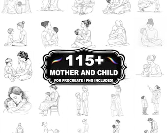 Mais de 115 carimbos para Procreate com cenas de mãe e filho, pincéis com tema familiar para Procreate, download instantâneo com PNG incluído.