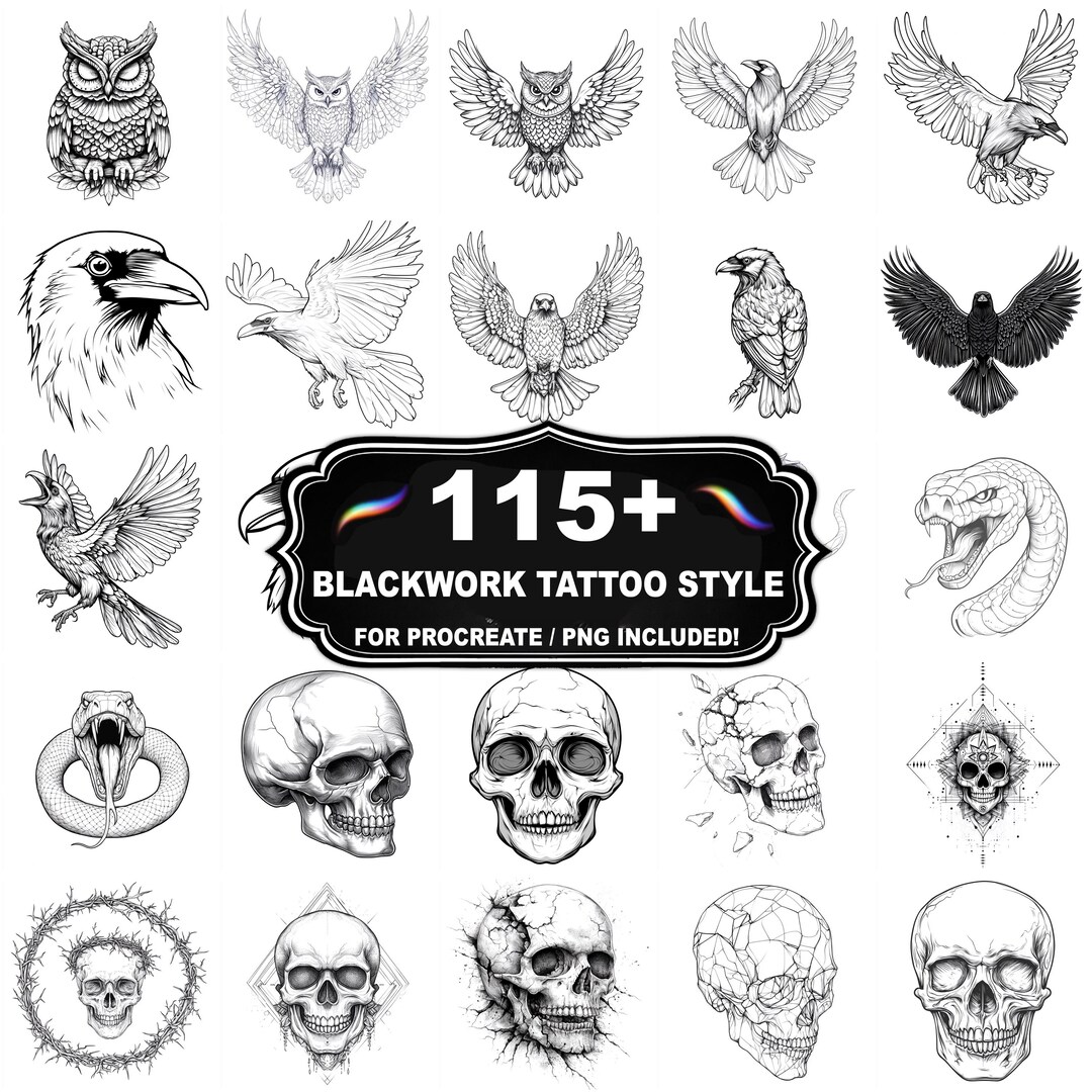 115+ Blackwork Tattoo Style Stamps for Procreate, Bold Line Brush Set ...