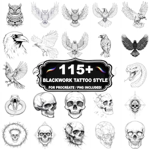 May include: A selection of blackwork tattoo designs, including owls, ravens, eagles, snakes, and skulls. The illustrations are detailed and feature linework and shading. The image includes the text "115+ BLACKWORK TATTOO STYLE FOR PROCREATE / PNG INCLUDED!"