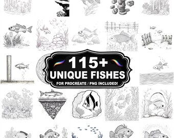 Mais de 115 carimbos exclusivos de peixes para Procreate, pincéis de peixes marinhos para Procreate, download instantâneo com PNG incluído.