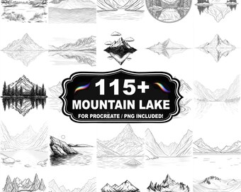 Mais de 115 carimbos de lagos e montanhas para Procreate, pincéis de paisagens naturais para Procreate, download instantâneo com PNG incluído.