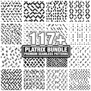May include: A collection of 16 black and white seamless patterns. The patterns include geometric shapes, lines, and abstract designs. The image also includes the text "117+ PLATRIX BUNDLE PREMIUM SEAMLESS PATTERNS".