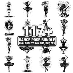 May include: Black and white illustrations of various dance poses. The image includes multiple figures in dynamic positions, with a central graphic reading "117+ Dance Pose Bundle" and file type information. The overall style is artistic and suitable for digital art projects.