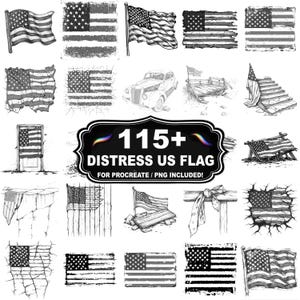 May include: A collection of 115+ distressed US flag designs in black and white. The designs include flags on poles, tattered flags, and flags with various textures. The text "DISTRESS US FLAG" is displayed in the center.