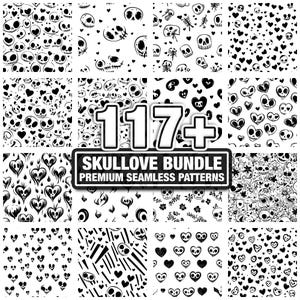 May include: A collection of black and white seamless patterns featuring skulls and hearts. The patterns include various skull designs, heart shapes, and floral elements. The image includes the text "117+ SKULLOVE BUNDLE PREMIUM SEAMLESS PATTERNS."