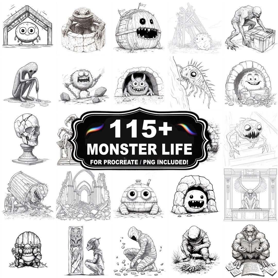 115+ Monster Life Procreate Stamps, Monster Png Bundle, Instant ...
