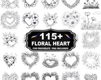 Más de 115 sellos florales de corazón para Procreate, set de pinceles botánicos románticos, descarga instantánea PNG incluida.