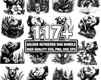 Puede incluir: Una colección de ilustraciones en blanco y negro de perros Golden Retriever. Las imágenes incluyen retratos, perros en la naturaleza y escenas de acción. El texto dice "117+" y "Golden Retriever Dog Bundle High Quality SVG, PNG, DXF, EPS".