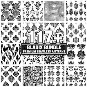 Pode incluir: Uma coleção de padrões sem costura em preto e branco. A imagem inclui vários designs florais, abstratos e geométricos. O texto "117+" e "BLADIX BUNDLE PREMIUM SEAMLESS PATTERNS" também são visíveis.