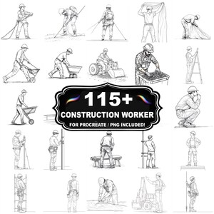 Puede incluir: Una colección de 115+ ilustraciones en blanco y negro de trabajadores de la construcción. Las imágenes representan diversas actividades de construcción, incluyendo el uso de herramientas, la operación de maquinaria y el trabajo manual. El texto "115+ CONSTRUCTION WORKER" se muestra en un marco decorativo.