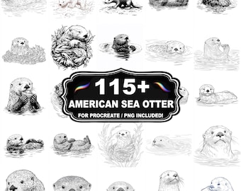 115+ American Sea Otter Stamps for Procreate, Marine Wildlife Brush Set, Instant Download PNG Included