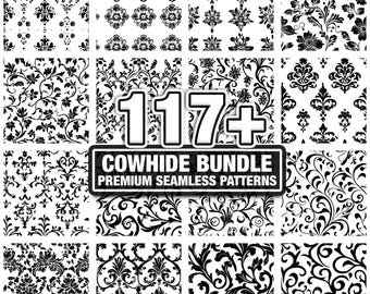 May include: A selection of black and white seamless patterns. The image showcases diverse floral and damask designs, with the text "117+ COWHIDE BUNDLE PREMIUM SEAMLESS PATTERNS". These patterns are ideal for a range of design applications.