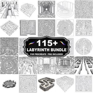 May include: A collection of black and white labyrinth illustrations. The image includes various maze designs, from simple circular patterns to complex, multi-path structures. Text on the image reads "115+ Labyrinth Bundle" and "For Procreate / PNG Included!"