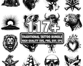 115+ Traditional Tattoo Bundle, Classic Designs, Instant Download png, dxf, eps, svg