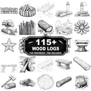 May include: A collection of black and white illustrations of wood logs and related items. The image includes a variety of log arrangements, a pier, a lighthouse, a star, and the text "115+ WOOD LOGS FOR PROCREATE / PNG INCLUDED!"