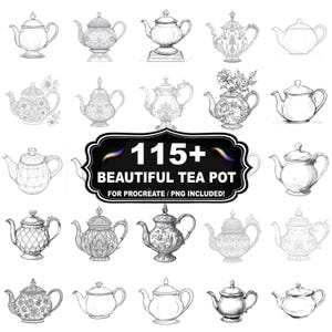 May include: A selection of 19 monochrome teapot illustrations, showcasing diverse designs. The teapots range from plain to highly decorated, featuring floral and geometric patterns. The image includes the text "115+ BEAUTIFUL TEA POT" and "FOR PROCREATE / PNG INCLUDED!"