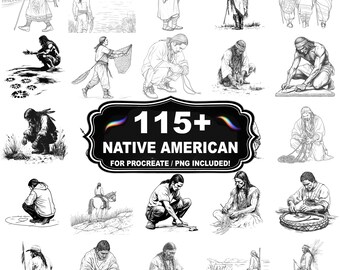 Mais de 115 carimbos de cenas indígenas americanas para Procreate, pincéis de cenas tribais para Procreate, download instantâneo com PNG incluído.