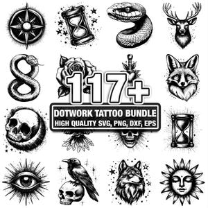 Puede incluir: Paquete de tatuajes dotwork en blanco y negro con una rosa de los vientos, un reloj de arena, una serpiente, una cabeza de ciervo, una rosa, un zorro, una calavera, un ojo, un cuervo, un lobo y un sol. El texto dice "117+ DOTWORK TATTOO BUNDLE".