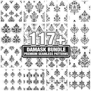 May include: A collection of black and white damask patterns. The image features various seamless designs with floral and ornamental motifs. The text reads "117+ DAMASK BUNDLE PREMIUM SEAMLESS PATTERNS".