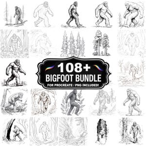 Puede incluir: Una colección de ilustraciones de Bigfoot en varias poses y entornos, incluyendo bosques y senderos. Las imágenes son en blanco y negro, con una variedad de estilos artísticos. El texto "108+ Bigfoot Bundle" está incluido.