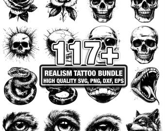115+ Realism Tattoo Bundle, Detailed Designs, Instant Download png, dxf, eps, svg