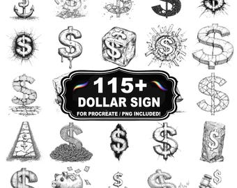 Más de 115 sellos de dólar para Procreate, juego de pinceles con símbolos de dinero, descarga instantánea PNG incluida.