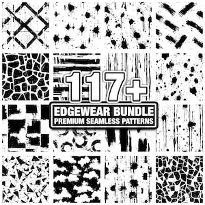 Könnte beinhalten: Eine Sammlung nahtloser Muster in Schwarz und Weiß. Die Muster umfassen Spritzer, Pinselstriche, geometrische Formen und Texturen. Das Bild zeigt den Text "117+ EDGEWEAR BUNDLE PREMIUM SEAMLESS PATTERNS".