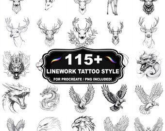 Mais de 115 carimbos de tatuagem em estilo linework para Procreate, pincéis de tatuagem de linha para Procreate, download instantâneo com PNG incluído.