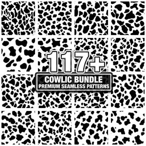 May include: A grid of black and white seamless patterns, reminiscent of cowhide. The image features the text "117+ COWLIC BUNDLE PREMIUM SEAMLESS PATTERNS". The patterns display variations in the size and shape of the black spots.