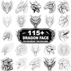 Op de afbeelding: Een verzameling zwart-wit illustraties van drakengezichten. De afbeelding toont verschillende drakenhoofdtekeningen met verschillende uitdrukkingen en stijlen. Een centrale banner luidt "115+ DRAGON FACE FOR PROCREATE / PNG INCLUDED!"